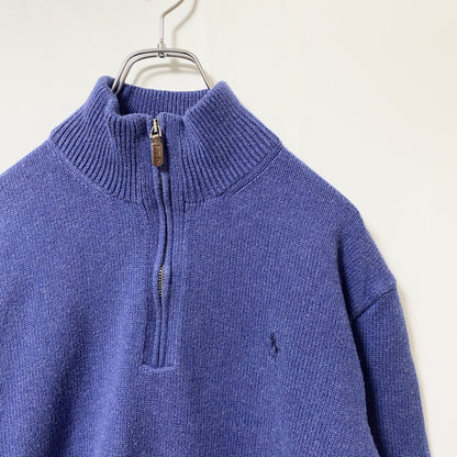 古着 used　POLO RALPH LAUREN 長袖ハーフジップニット　セーター　ワンポイントロゴ刺繍　ネイビー　Lサイズ　