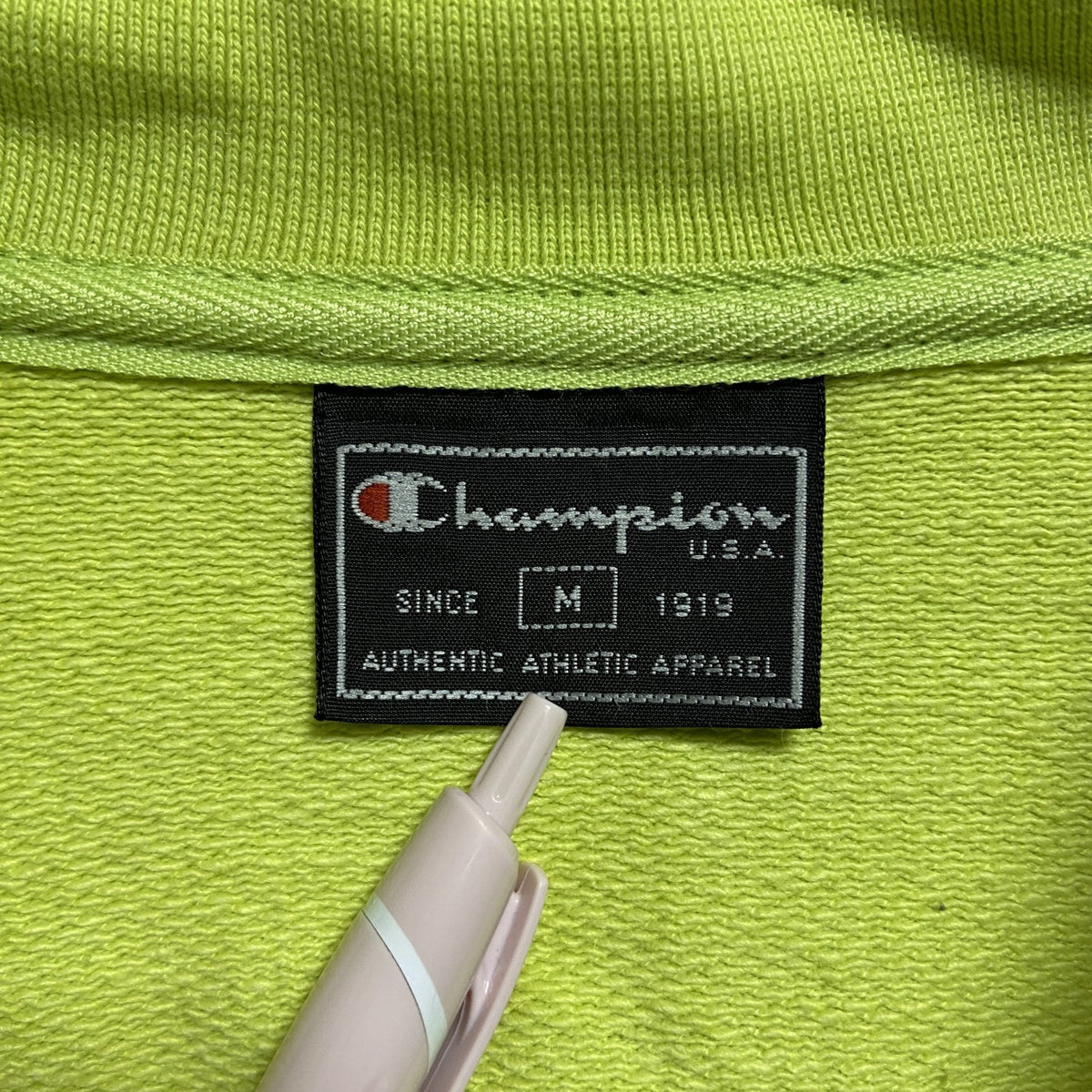 Champion　チャンピオン　USA製　長袖ジップアップスウェット　ハイネックトレーナー　黄緑　秋冬服　Mサイズ　古着