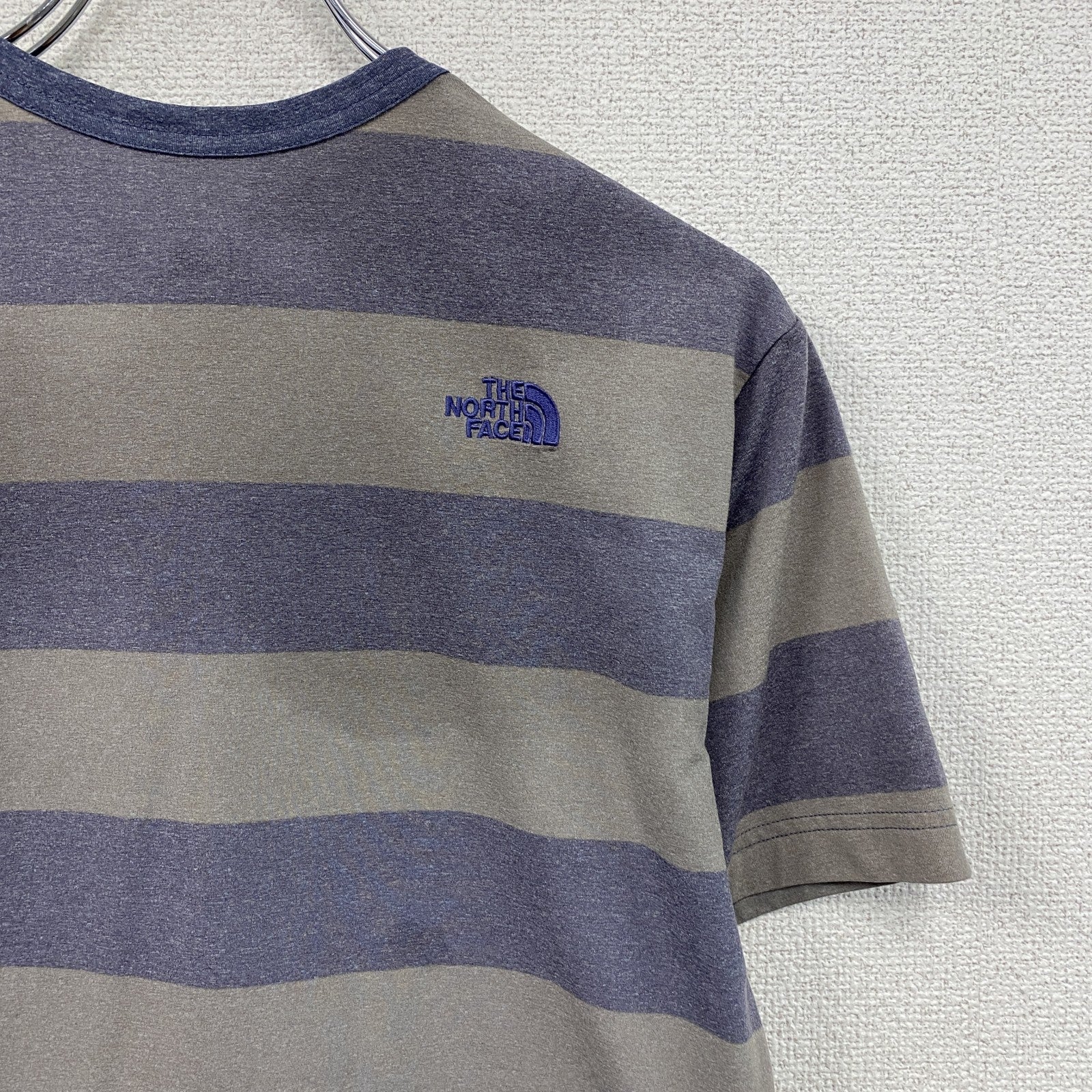 THE NORTH FACE　ザ・ノースフェイス　半袖プリントTシャツ　ボーダー　青　ブルー　グレー　灰色　Lサイズ　古着
