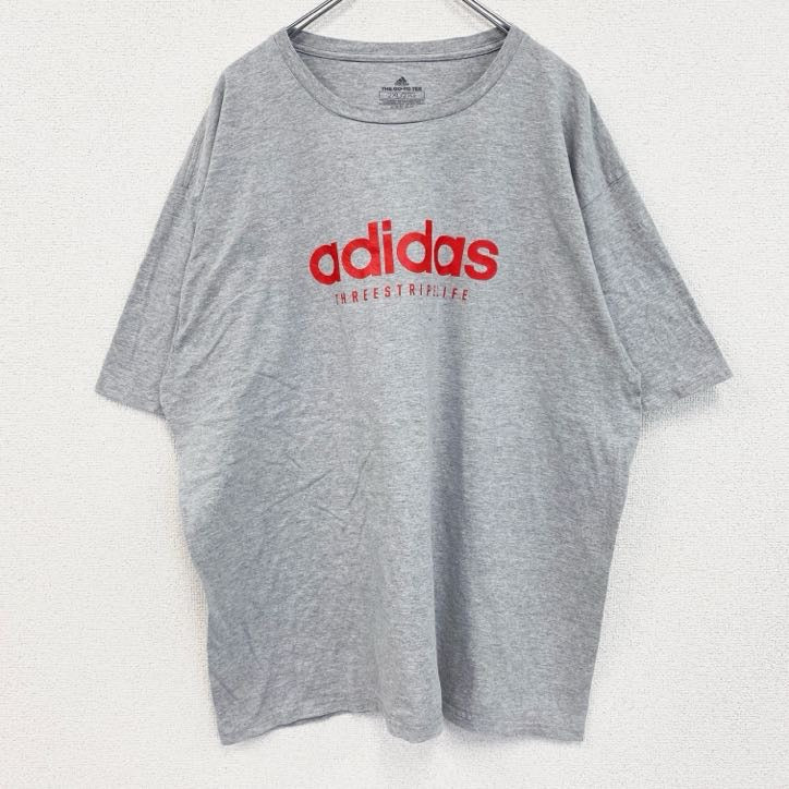 adidas　アディダス　半袖プリントTシャツ　スリーストライプ　クルーネック　グレー　灰色　XＸLサイズ　古着