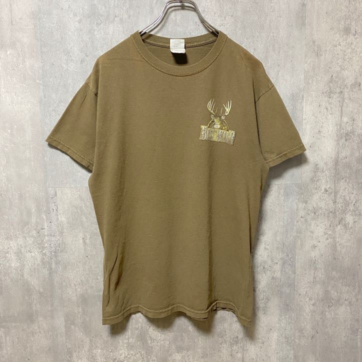 GILDAN ギルダン　半袖アニマル柄プリントTシャツ　バックプリント　茶色　ブラウン　鹿　レトロデザイン　　古着