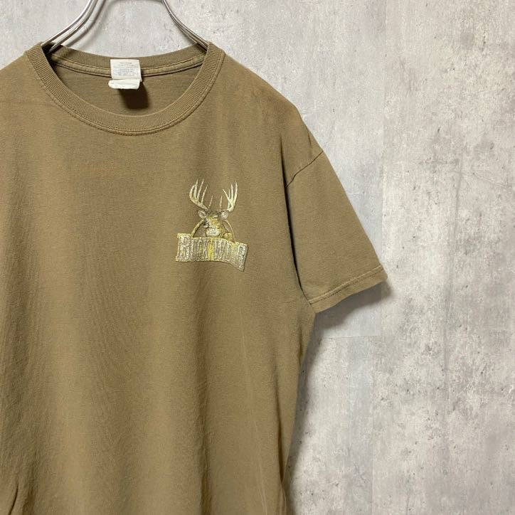 GILDAN ギルダン　半袖アニマル柄プリントTシャツ　バックプリント　茶色　ブラウン　鹿　レトロデザイン　　古着