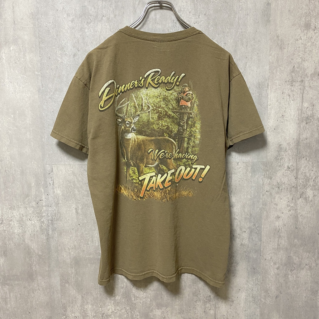 GILDAN ギルダン　半袖アニマル柄プリントTシャツ　バックプリント　茶色　ブラウン　鹿　レトロデザイン　　古着