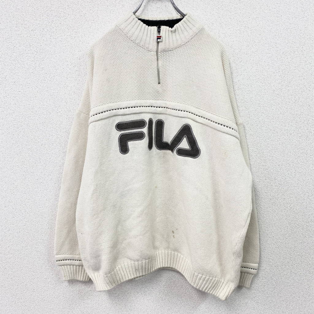 FILA　フィラ　ハーフジップコットンニットセーター　デカロゴ　ワッペン　スポーツミックス　ストリート　白　ホワイト　XLサイズ　古着