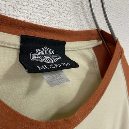 HARLEY DAVIDSON　ハーレーダビッドソン　長袖プリントTシャツ　オレンジ　ベージュ　Lサイズ