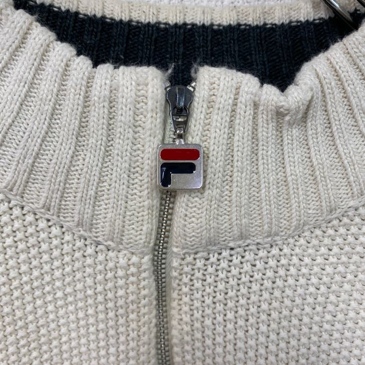 FILA　フィラ　ハーフジップコットンニットセーター　デカロゴ　ワッペン　スポーツミックス　ストリート　白　ホワイト　XLサイズ　古着