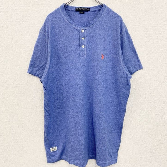 古着 used　U.S.POLO ASSN　半袖ヘンリーネックTシャツ　刺繍　青　ブルー　レトロデザイン　ネイビー　XXLサイズ