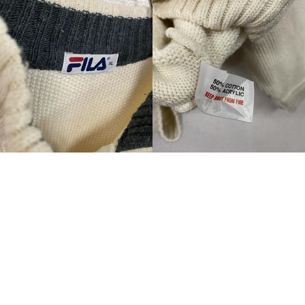 FILA　フィラ　ハーフジップコットンニットセーター　デカロゴ　ワッペン　スポーツミックス　ストリート　白　ホワイト　XLサイズ　古着