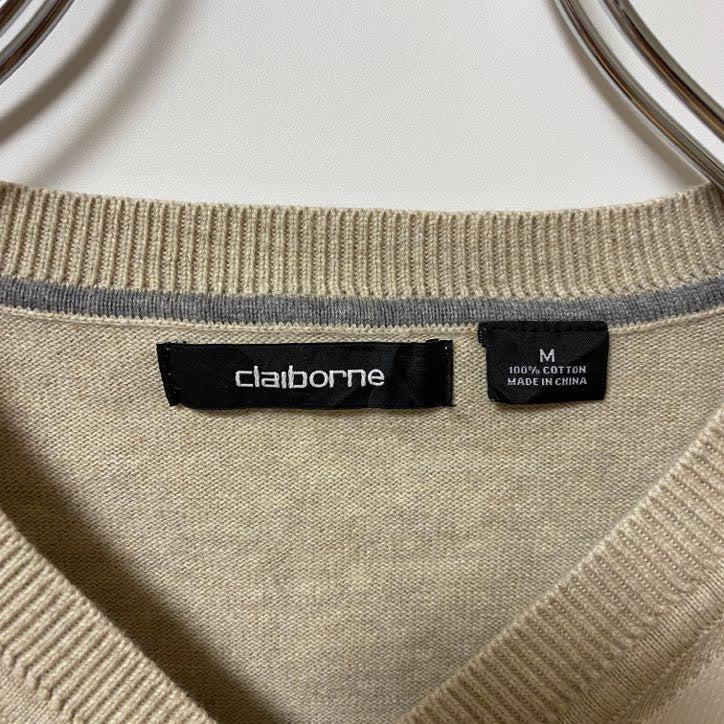claiborne　長袖アーガイル柄ニット　セーター　Vネック　レトロデザイン　ベージュ　オレンジ　Mサイズ　古着