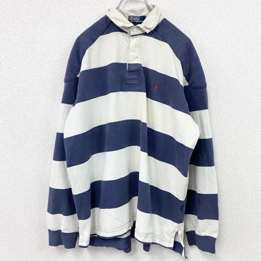 90s　Polo by Ralph Lauren　ラルフローレン　ラガーシャツ　長袖ポロシャツ　ボーダー柄　ヴィンテージ　ホワイト　ネイビー　Lサイズ