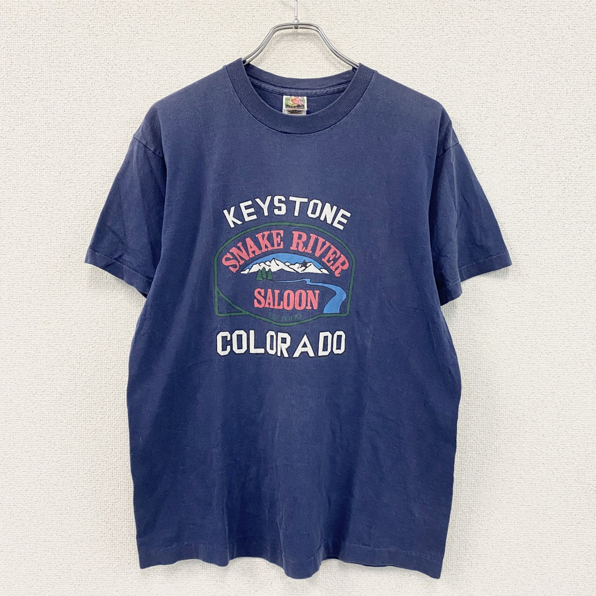 90s　FRUIT OF THE LOOM　フルーツオブザルーム　半袖プリントTシャツ　シングルステッチ　アーチプリント　USA製　ヴィンテージ　紺　ネイビー　Lサイズ　古着