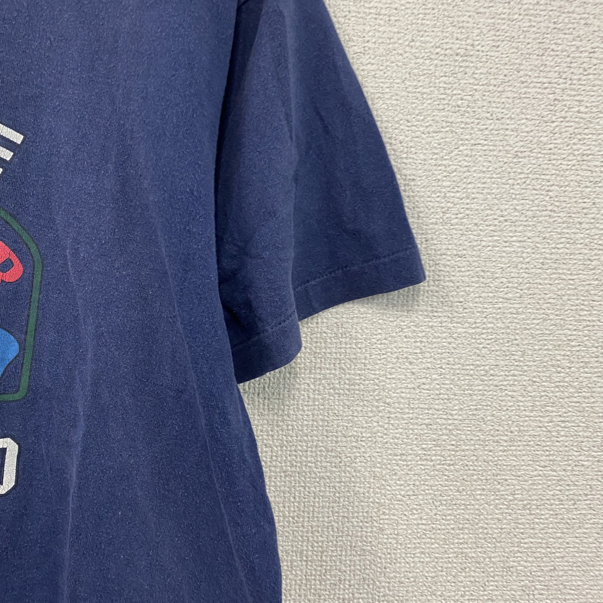 90s　FRUIT OF THE LOOM　フルーツオブザルーム　半袖プリントTシャツ　シングルステッチ　アーチプリント　USA製　ヴィンテージ　紺　ネイビー　Lサイズ　古着