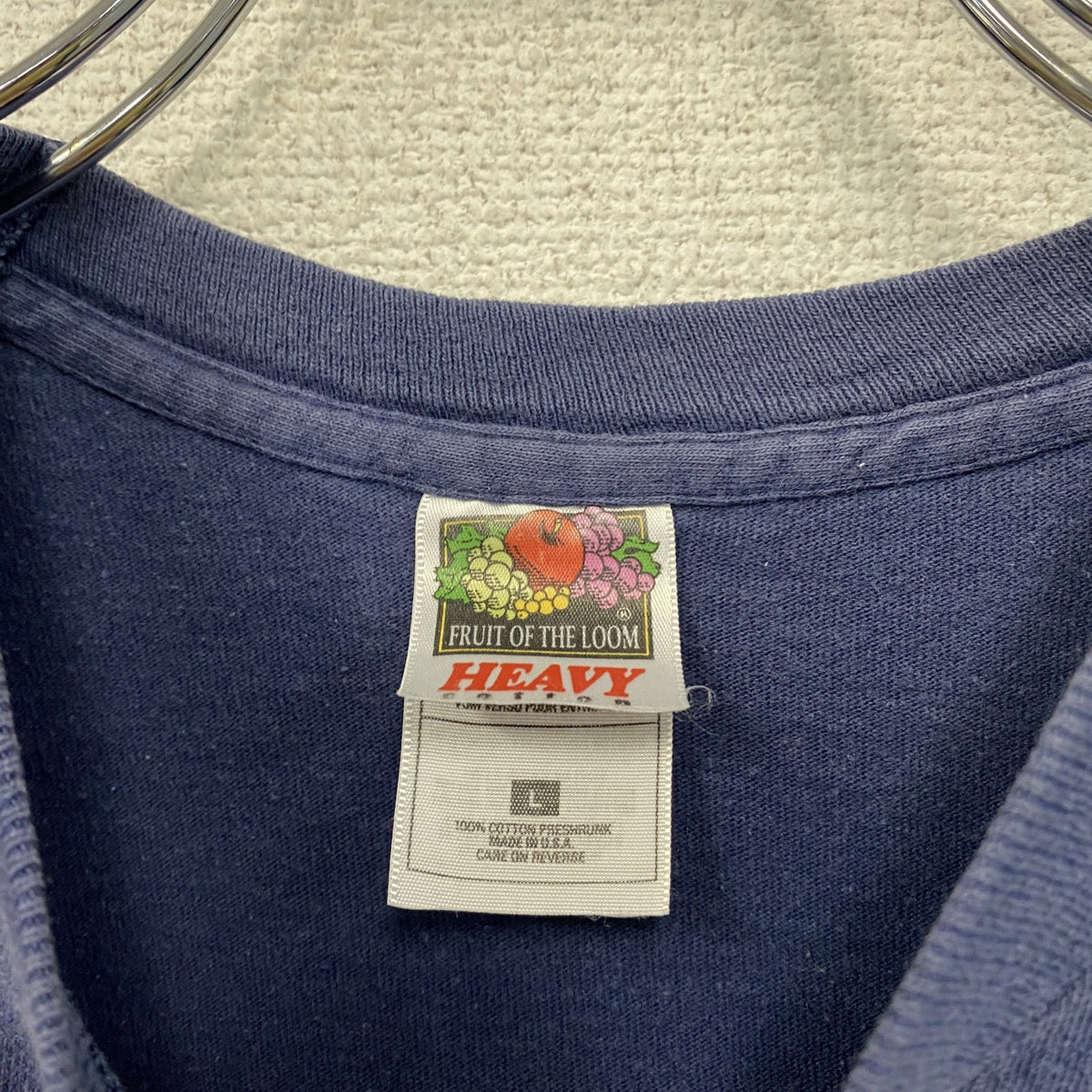 90s　FRUIT OF THE LOOM　フルーツオブザルーム　半袖プリントTシャツ　シングルステッチ　アーチプリント　USA製　ヴィンテージ　紺　ネイビー　Lサイズ　古着