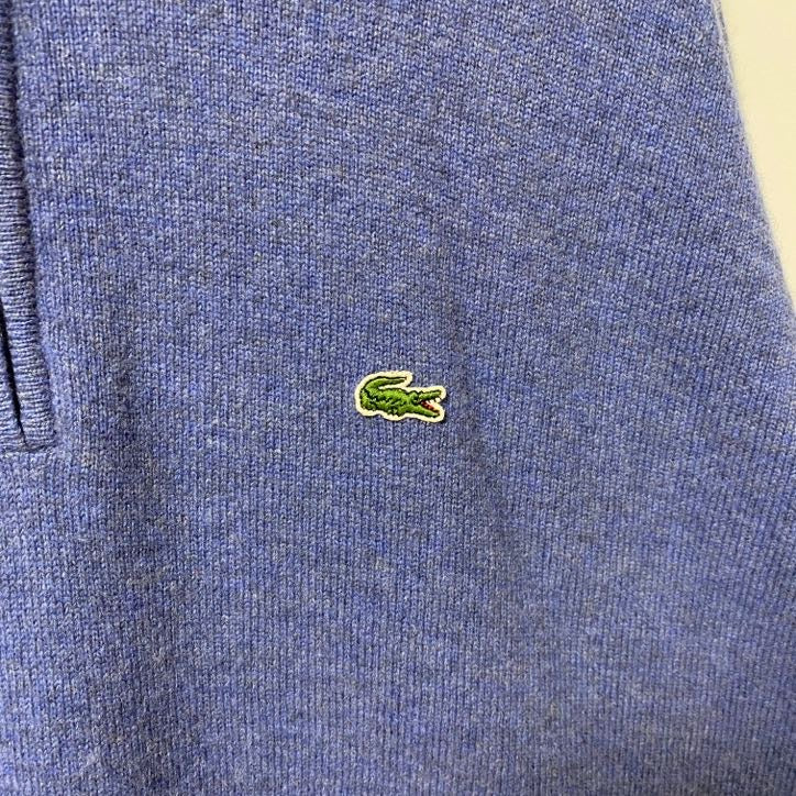 古着 used　LACOSTE ラコステ　長袖ハーフシップニット　セーター　ワンポイントロゴ刺繍　ハイネック　ブルー　XLサイズ