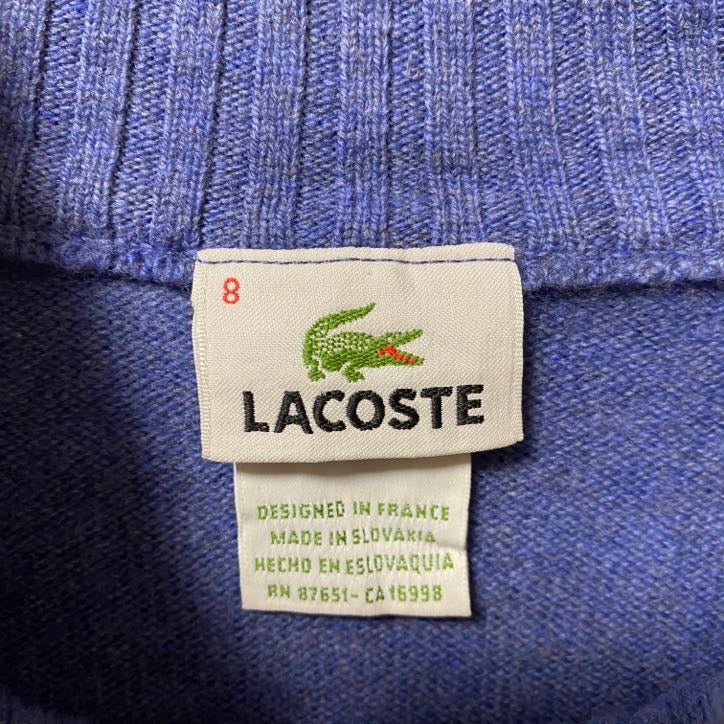 古着 used　LACOSTE ラコステ　長袖ハーフシップニット　セーター　ワンポイントロゴ刺繍　ハイネック　ブルー　XLサイズ