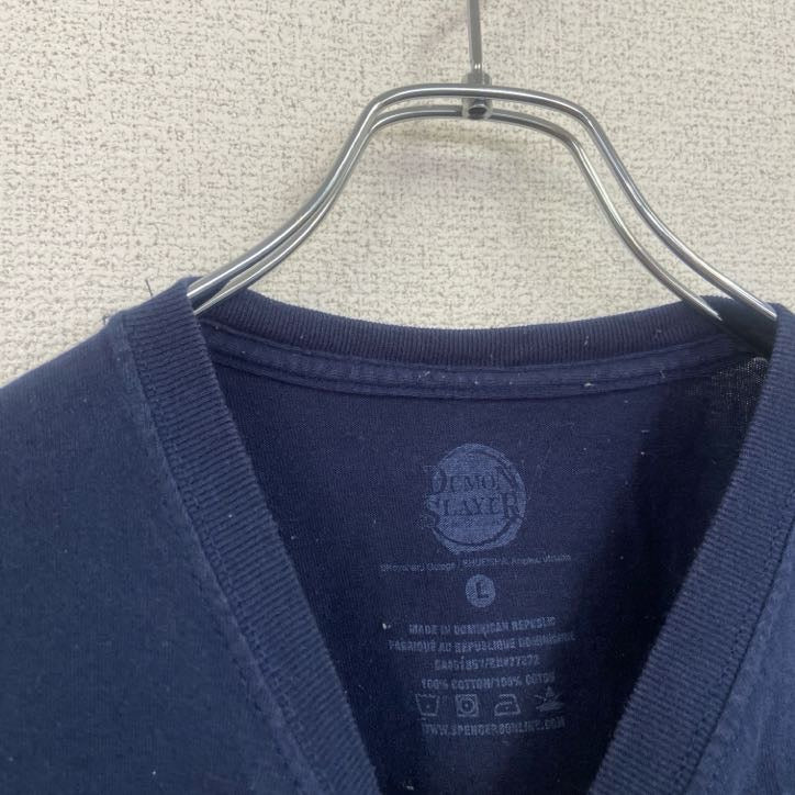 鬼滅の刃　DEMON SLAYER　半袖プリントTシャツ　クルーネック　アニメ　紺　ネイビー　Lサイズ　古着
