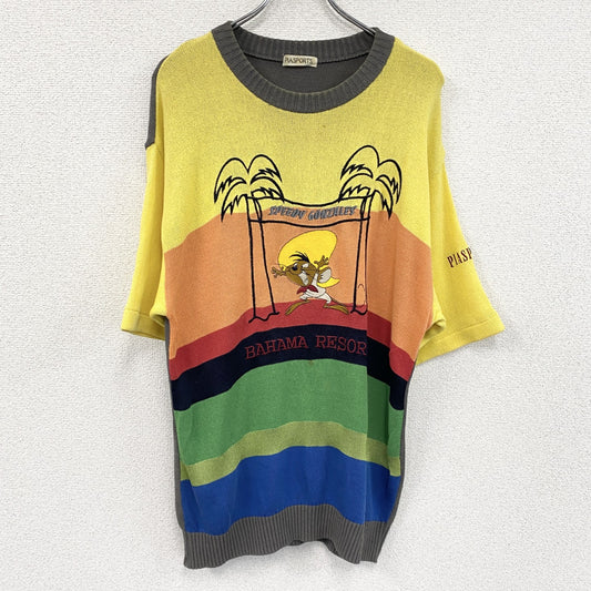 PIASPORTS　半袖レーヨン混コットンニットセーター　マルチカラー　黄色　イエロー