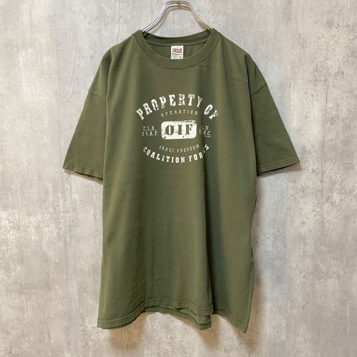 90s～　anvil　アンヴィル　半袖プリントTシャツ　アーチプリント　カプセルプリント　クルーネック　カーキ　XLサイズ　　ヴィンテージ　古着