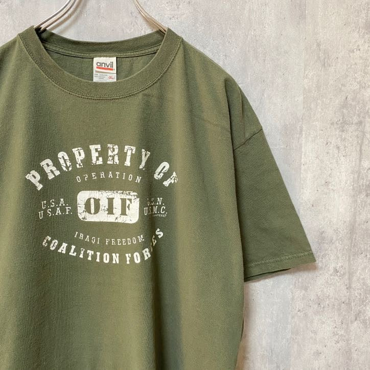 90s～　anvil　アンヴィル　半袖プリントTシャツ　アーチプリント　カプセルプリント　クルーネック　カーキ　XLサイズ　　ヴィンテージ　古着