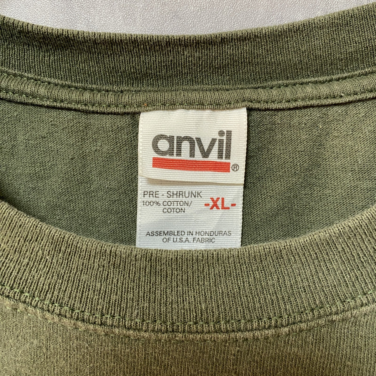 90s～　anvil　アンヴィル　半袖プリントTシャツ　アーチプリント　カプセルプリント　クルーネック　カーキ　XLサイズ　　ヴィンテージ　古着