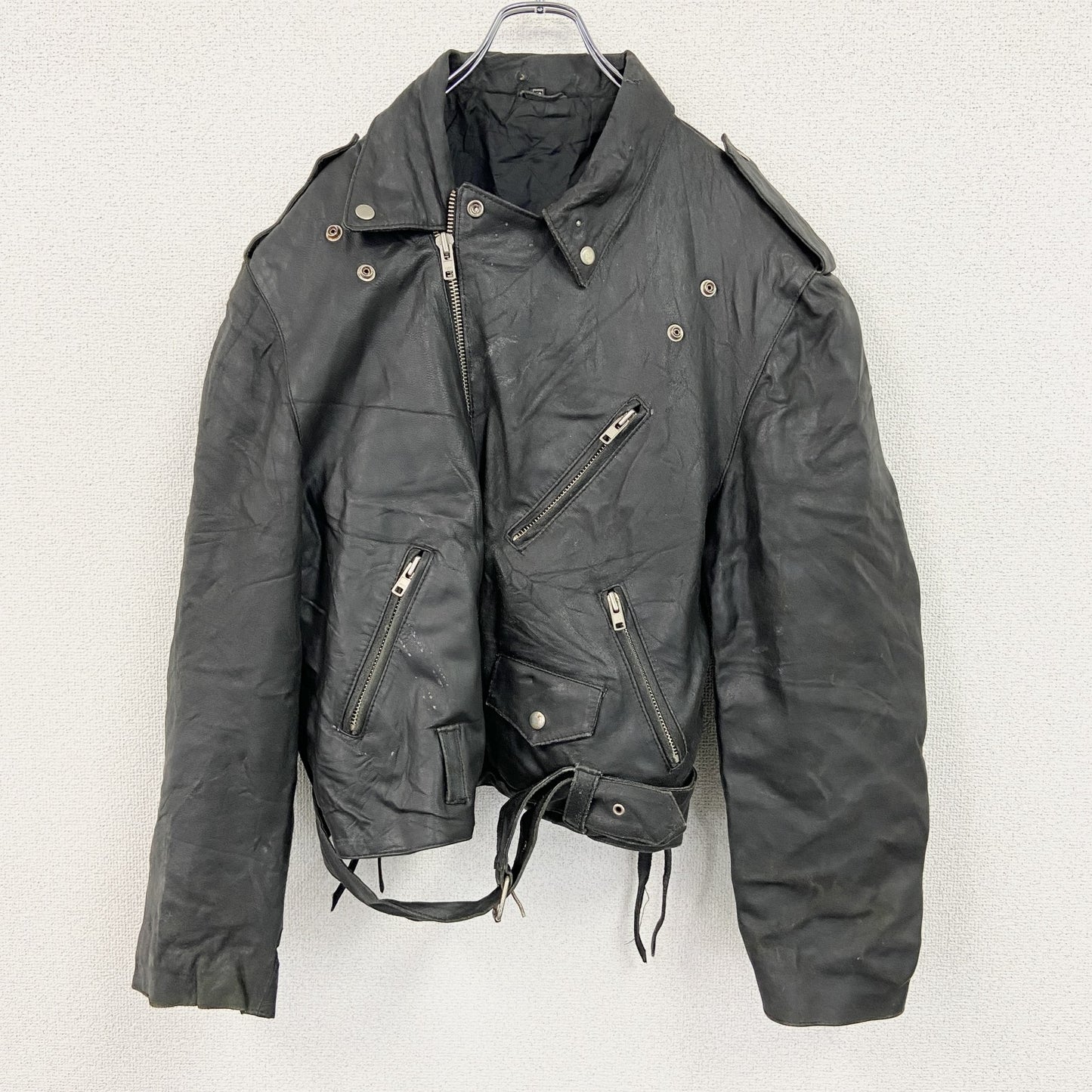 ロンジャン　レザージャケット　ダブルライダースジャケット　ベルト付き　黒　ブラック　40