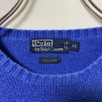 古着 used　Polo by Ralph Lauren　長袖ワンポイントロゴ刺繍ニット　セーター　ブルー　XLサイズ