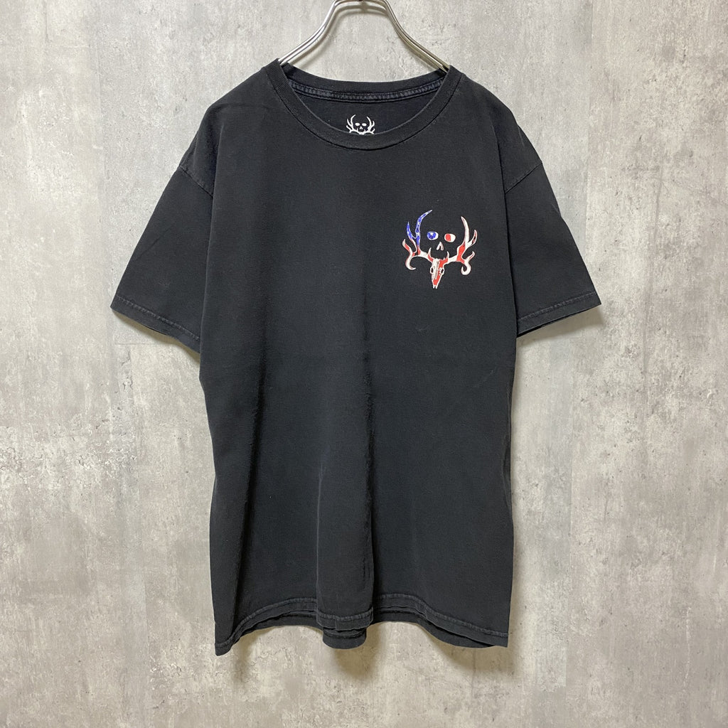 USA国旗　アメリカ　半袖プリントTシャツ　バックプリント　ワンポイント　黒　ブラック　デザイン　クルーネック　古着