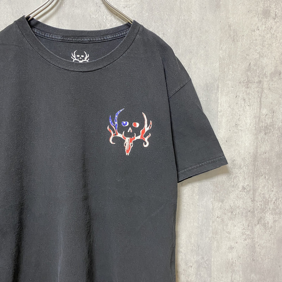 USA国旗　アメリカ　半袖プリントTシャツ　バックプリント　ワンポイント　黒　ブラック　デザイン　クルーネック　古着