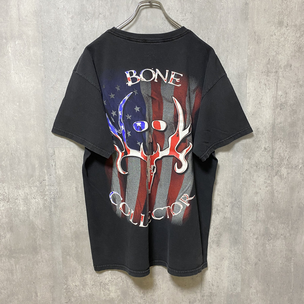 USA国旗　アメリカ　半袖プリントTシャツ　バックプリント　ワンポイント　黒　ブラック　デザイン　クルーネック　古着