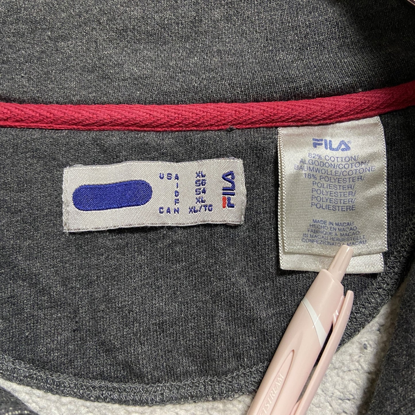 古着 used　FILA　フィラ　長袖ハーフジップスウェット　ポイント刺繍トレーナー　ダークグレー　ビッグシルエット　XLサイズ