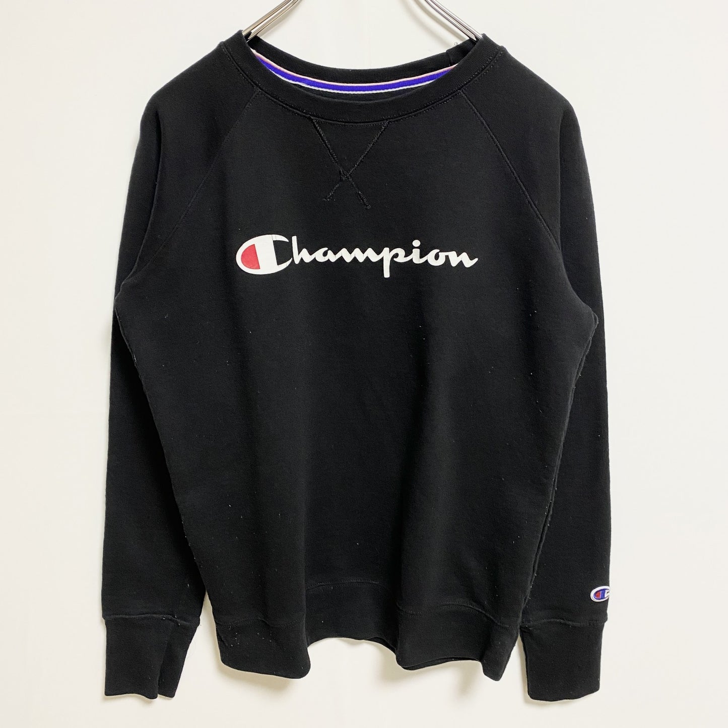 古着 used　Champion チャンピオン　長袖ロゴプリントスウェット　トレーナー　黒　ブラック　Sサイズ