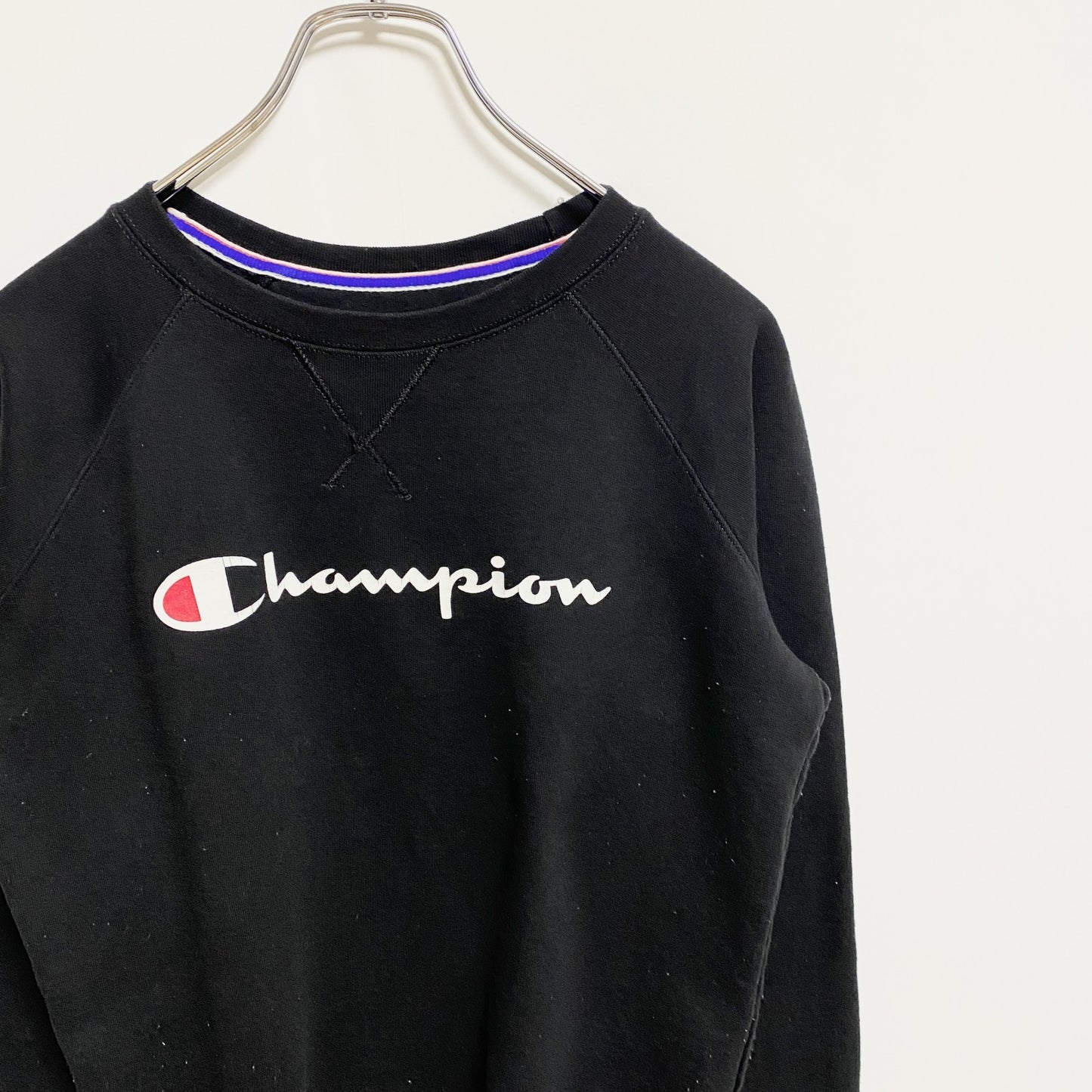 古着 used　Champion チャンピオン　長袖ロゴプリントスウェット　トレーナー　黒　ブラック　Sサイズ