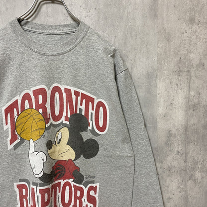 古着 used　Disney　ディズニー　Mickey Mouse　ミッキー　長袖プリントTシャツ　グレー　レトロ　クルーネック