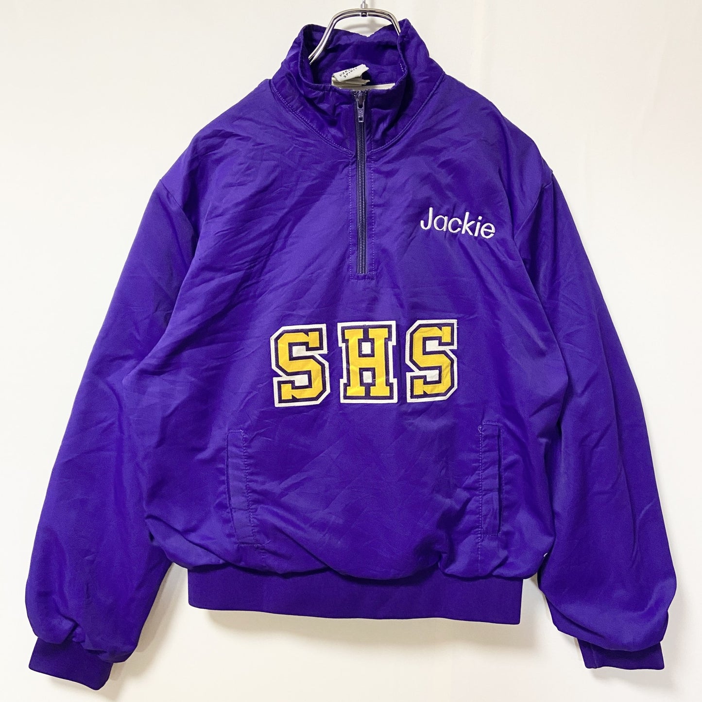 古着 used　varsity spirit  長袖プリントナイロンプルオーバー　ロゴ刺繡　ハーフジップ　紫　レトロデザイン