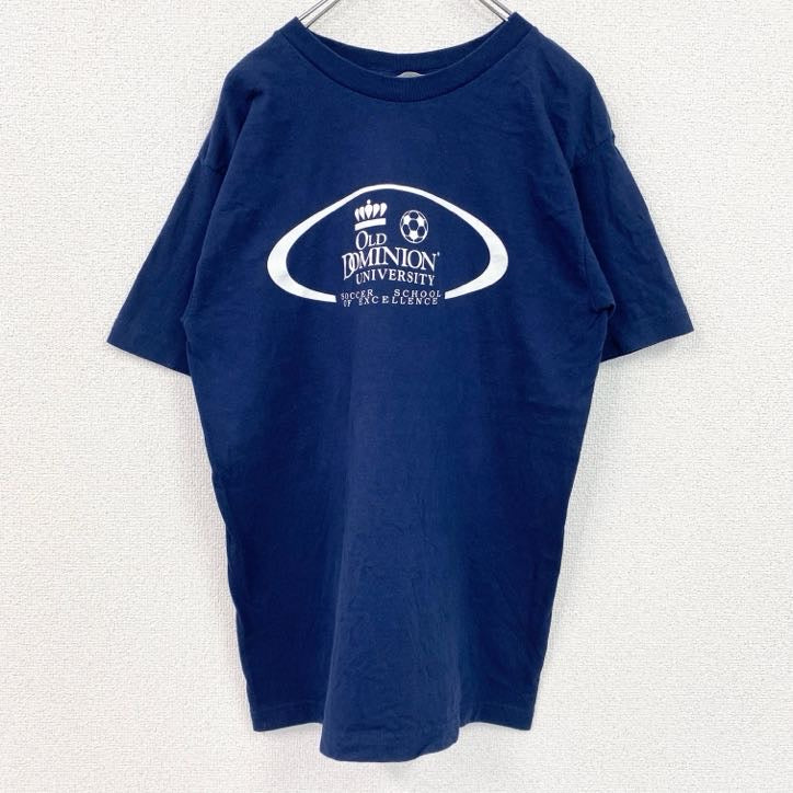 90s　adidas　アディダス　半袖カレッジプリントTシャツ　OLD DOMINION　クルーネック　ネイビー　紺　Sサイズ　　ヴィンテージ　古着