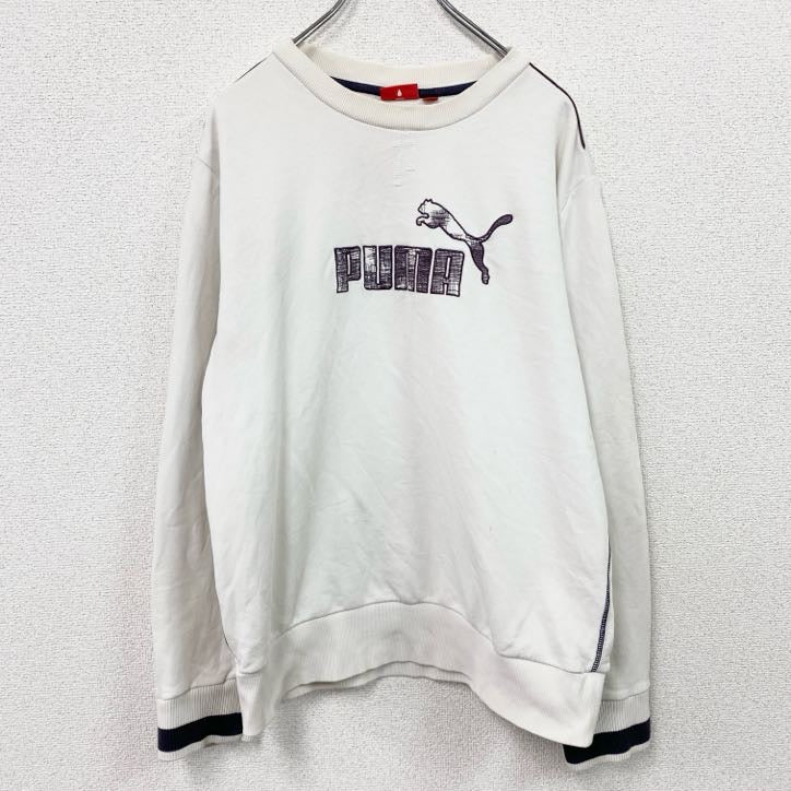 PUMA　プーマ　スウェット/トレーナー　リブライン　デカロゴ　チェック　刺繍ロゴ　白　ホワイト　Lサイズ　古着