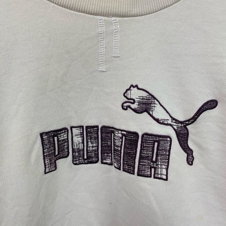 PUMA　プーマ　スウェット/トレーナー　リブライン　デカロゴ　チェック　刺繍ロゴ　白　ホワイト　Lサイズ　古着