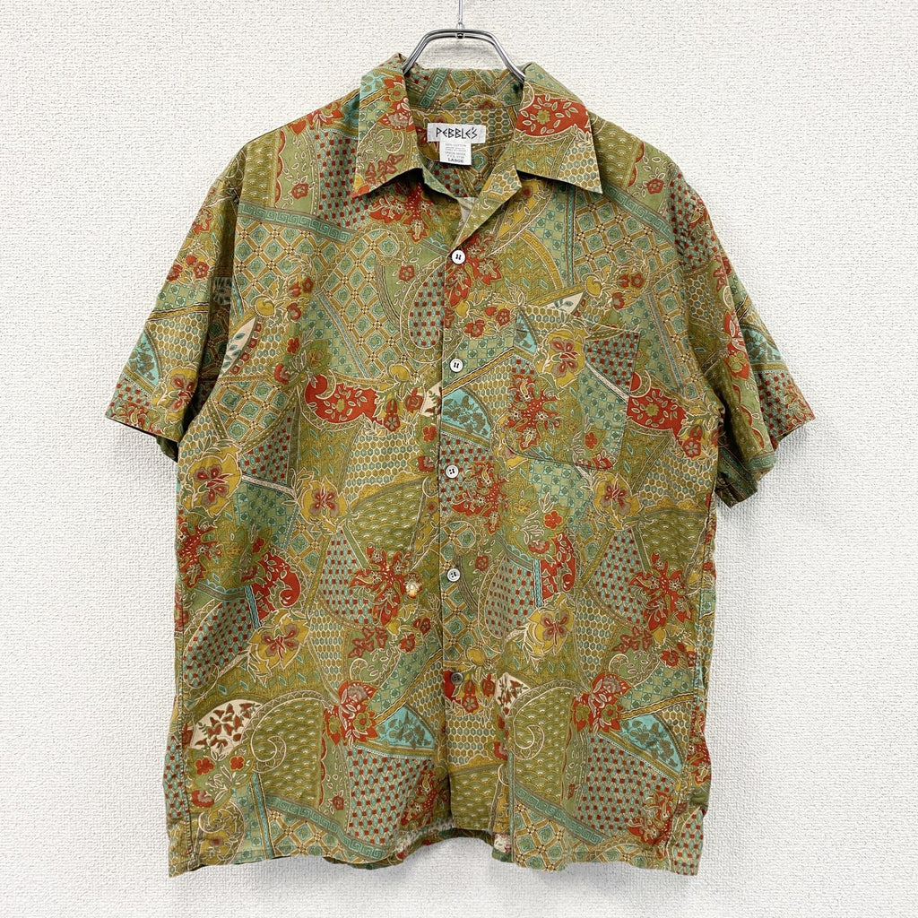 PEBBLES　ペプルス　半袖開襟シャツ/アロハシャツ　総柄　カーキ　Lサイズ　古着