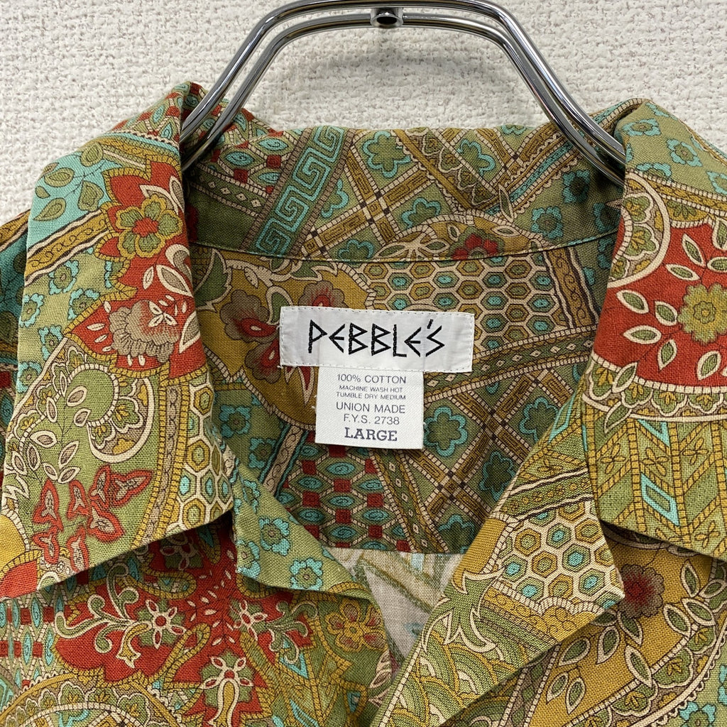 PEBBLES　ペプルス　半袖開襟シャツ/アロハシャツ　総柄　カーキ　Lサイズ　古着