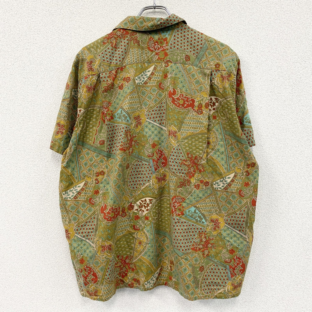 PEBBLES　ペプルス　半袖開襟シャツ/アロハシャツ　総柄　カーキ　Lサイズ　古着
