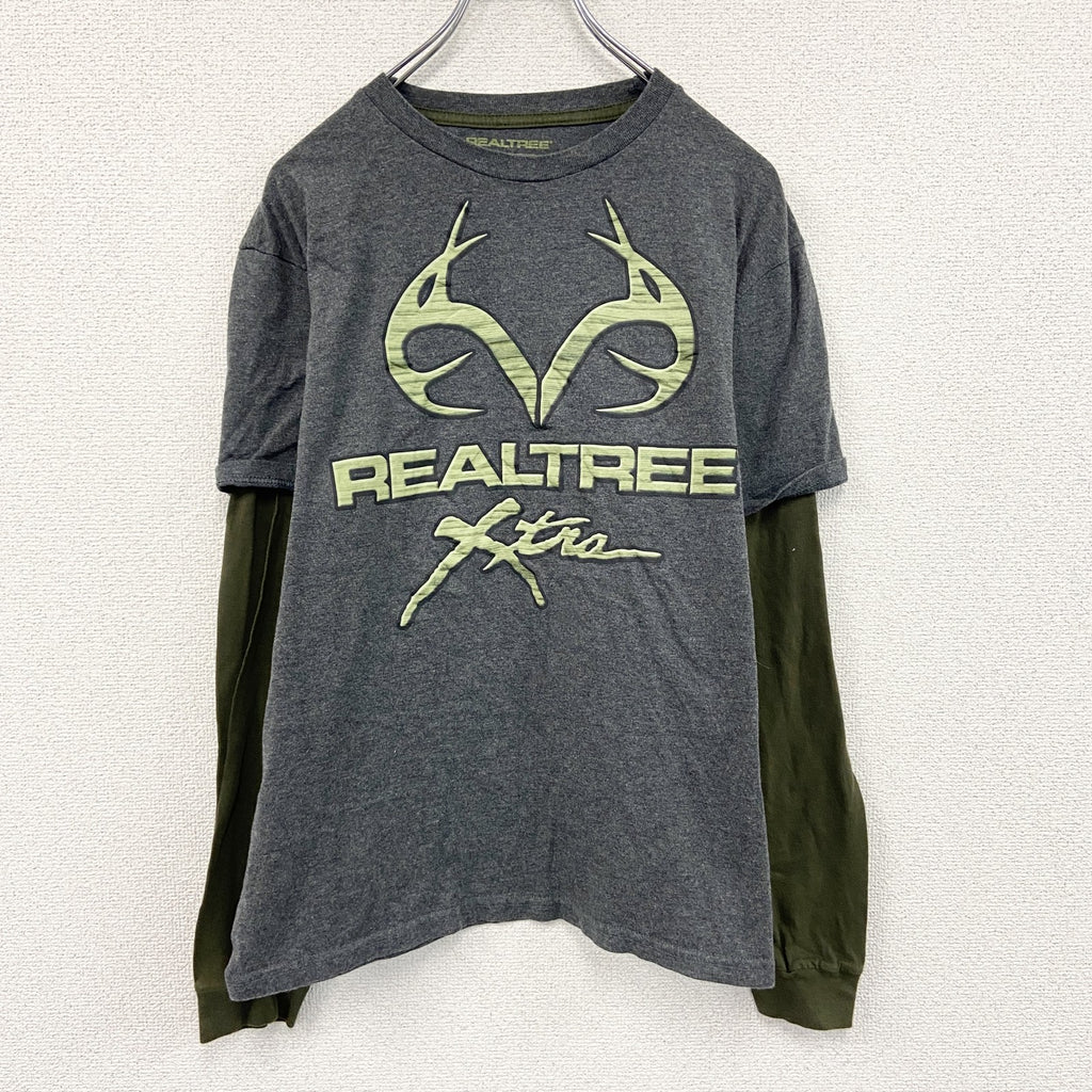 REALTREE　リアルツリー　長袖Tシャツ/ロンT　レイヤード　ダークグレー　カーキ　Lサイズ　古着