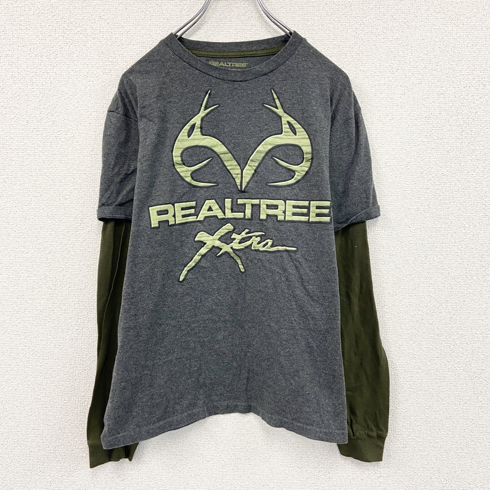 REALTREE　リアルツリー　長袖Tシャツ/ロンT　レイヤード　ダークグレー　カーキ　Lサイズ　古着