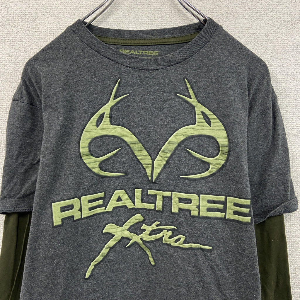 REALTREE　リアルツリー　長袖Tシャツ/ロンT　レイヤード　ダークグレー　カーキ　Lサイズ　古着
