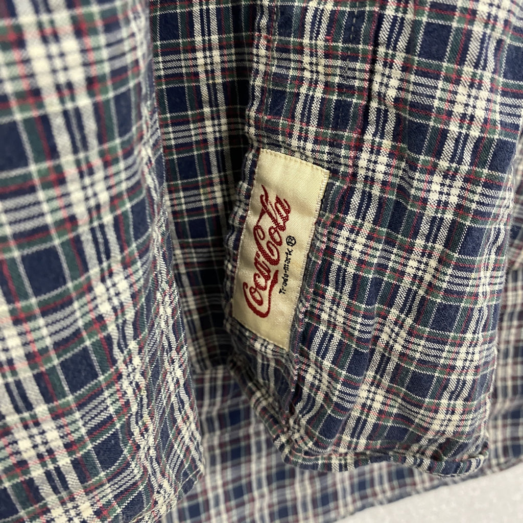 90s　Coca’Cola　コカ・コーラ　半袖チェックシャツ　ヴィンテージ　紺　ネイビー　Mサイズ　古着