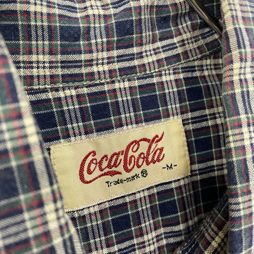 90s　Coca’Cola　コカ・コーラ　半袖チェックシャツ　ヴィンテージ　紺　ネイビー　Mサイズ　古着