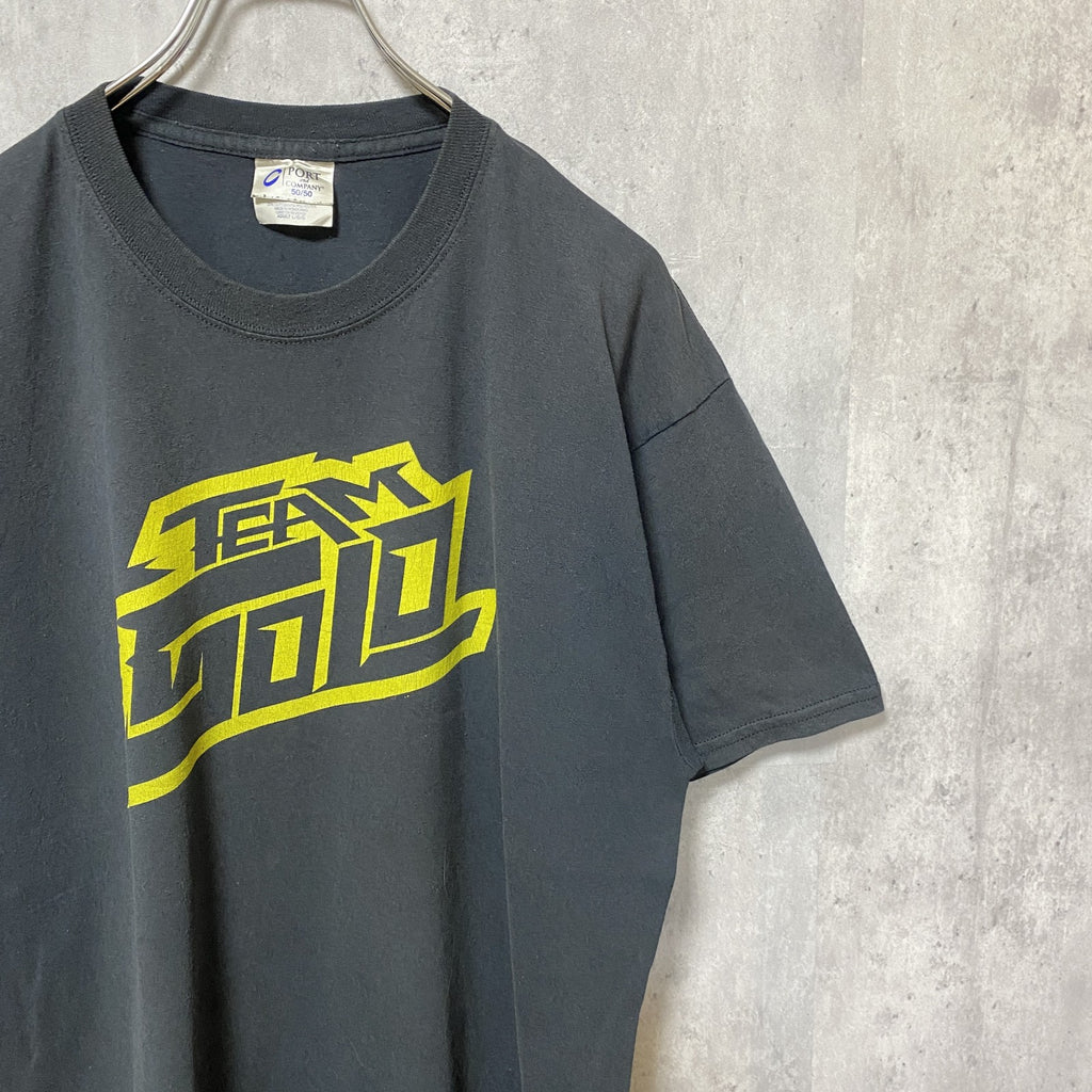 半袖プリントTシャツ　黒　ブラック　レトロ　デザイン　個性的　クルーネック　春夏服　Lサイズ　古着