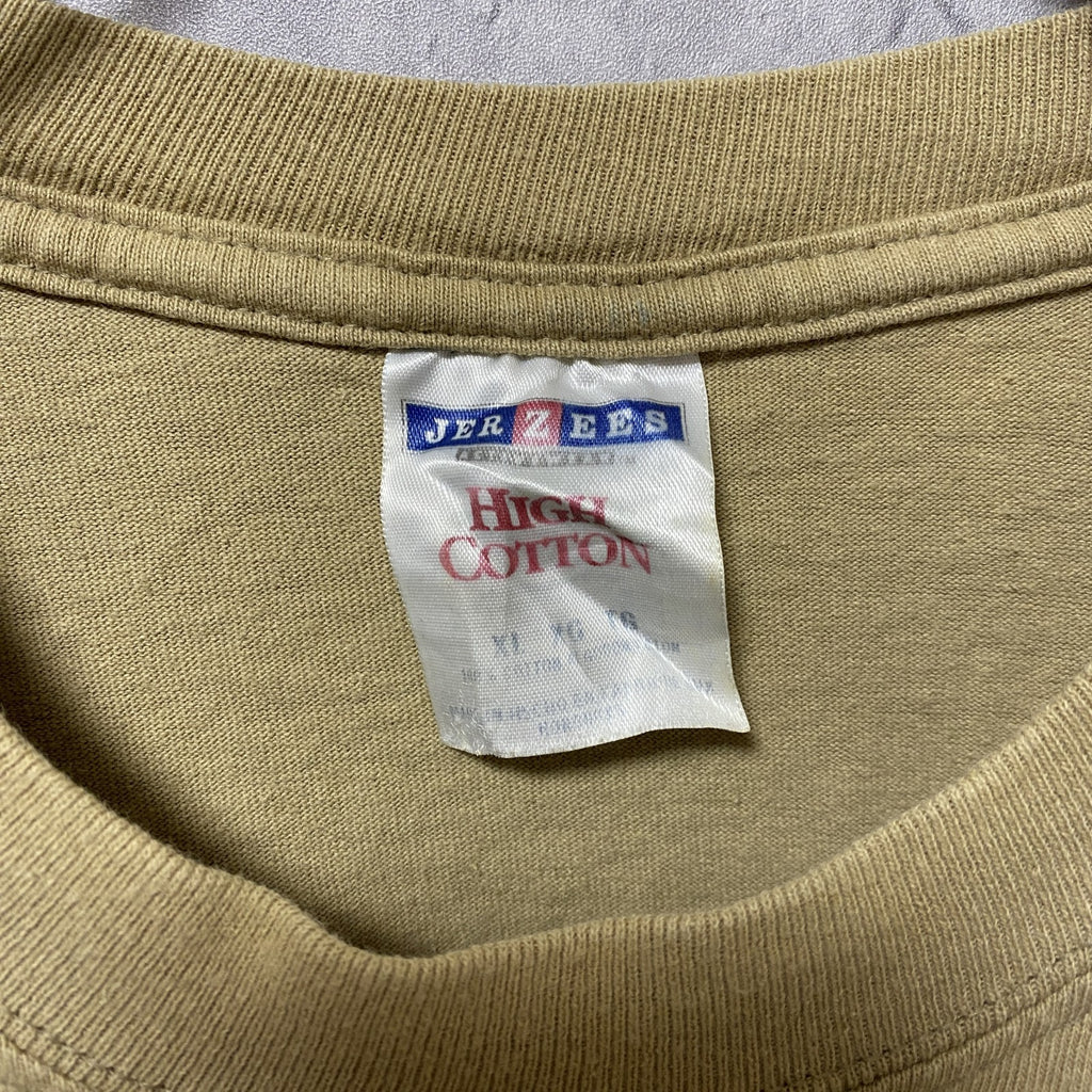 半袖カレッジプリントTシャツ　バックプリント　キャメル色　個性的　クルーネック　オーバーサイズ　XLサイズ　古着