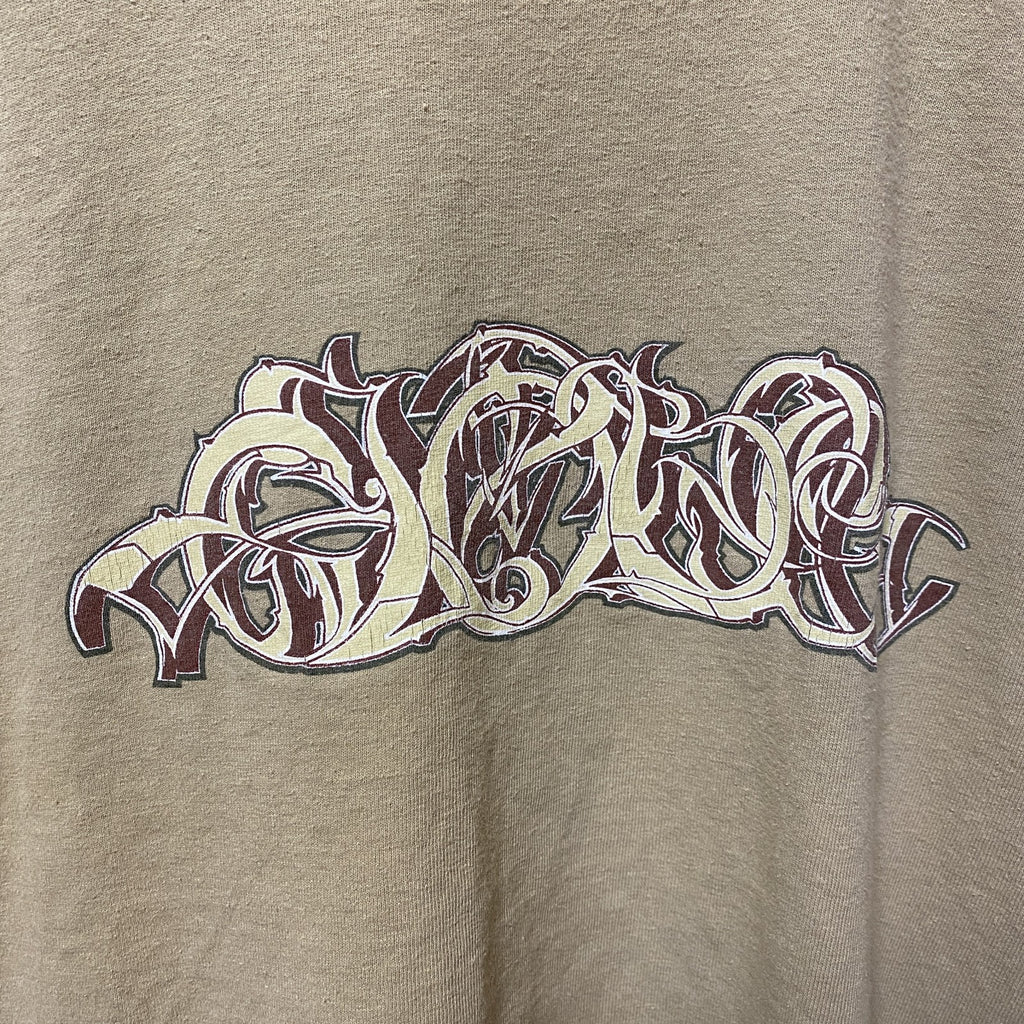 半袖カレッジプリントTシャツ　バックプリント　キャメル色　個性的　クルーネック　オーバーサイズ　XLサイズ　古着