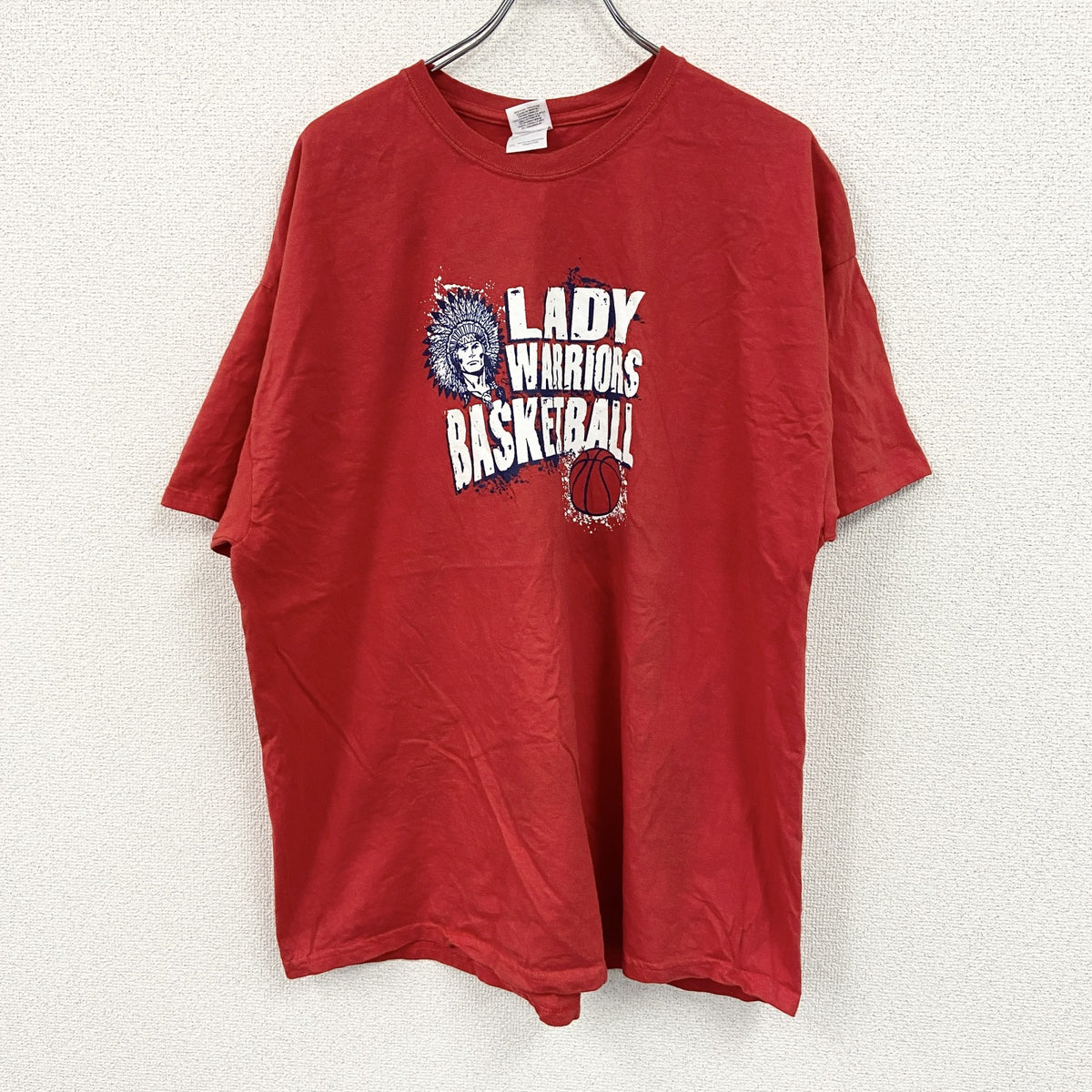 GILDAN　ギルダン　半袖プリントTシャツ　3連プリント　クルーネック　英字プリント　赤　レッド　2XLサイズ　古着