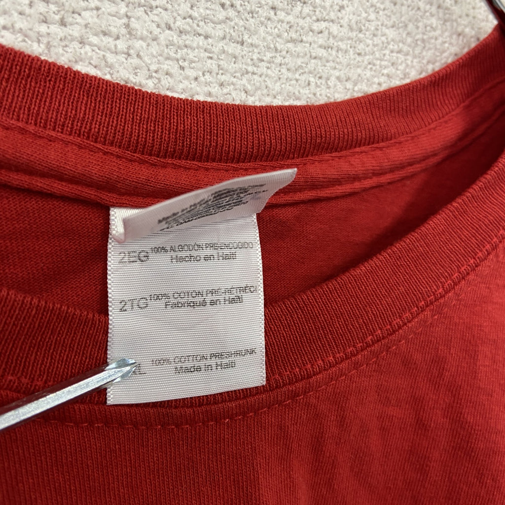 GILDAN　ギルダン　半袖プリントTシャツ　3連プリント　クルーネック　英字プリント　赤　レッド　2XLサイズ　古着